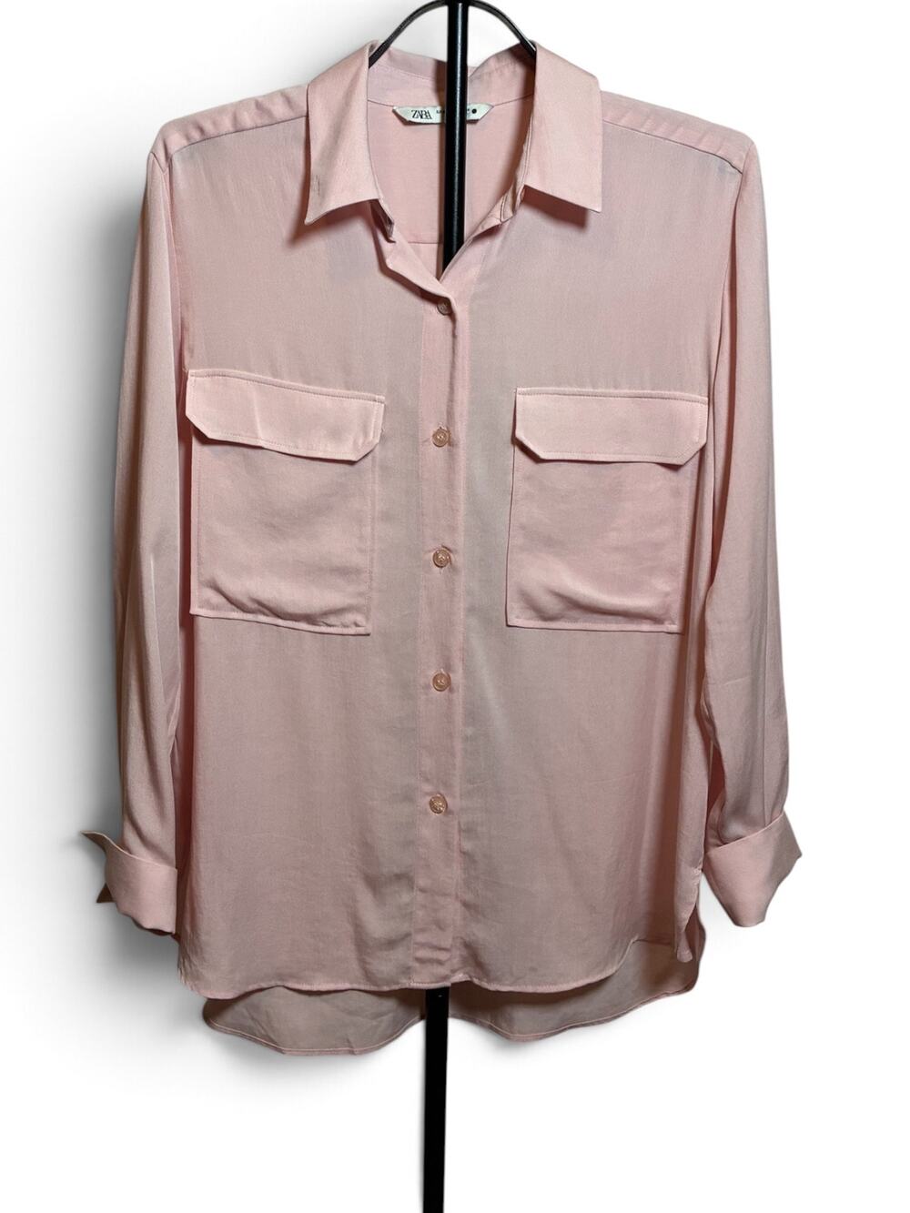 Zara Pale Pink Fluid Satin Utility Button Down Shirt Blouse